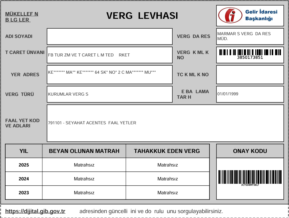 FB Turizm - Vergi Levhası