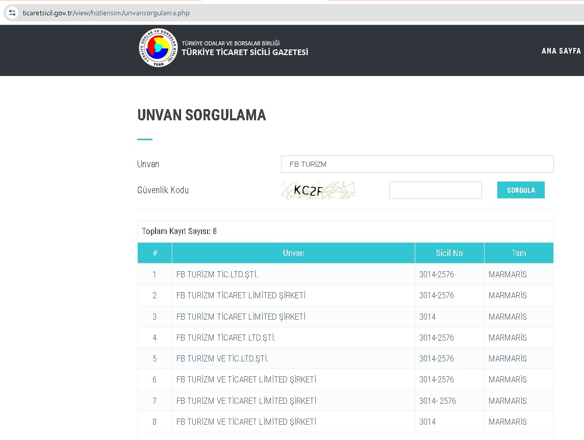 Türkiye Ticaret Sicili Gazetesi - FB Turizm Unvan Tescil